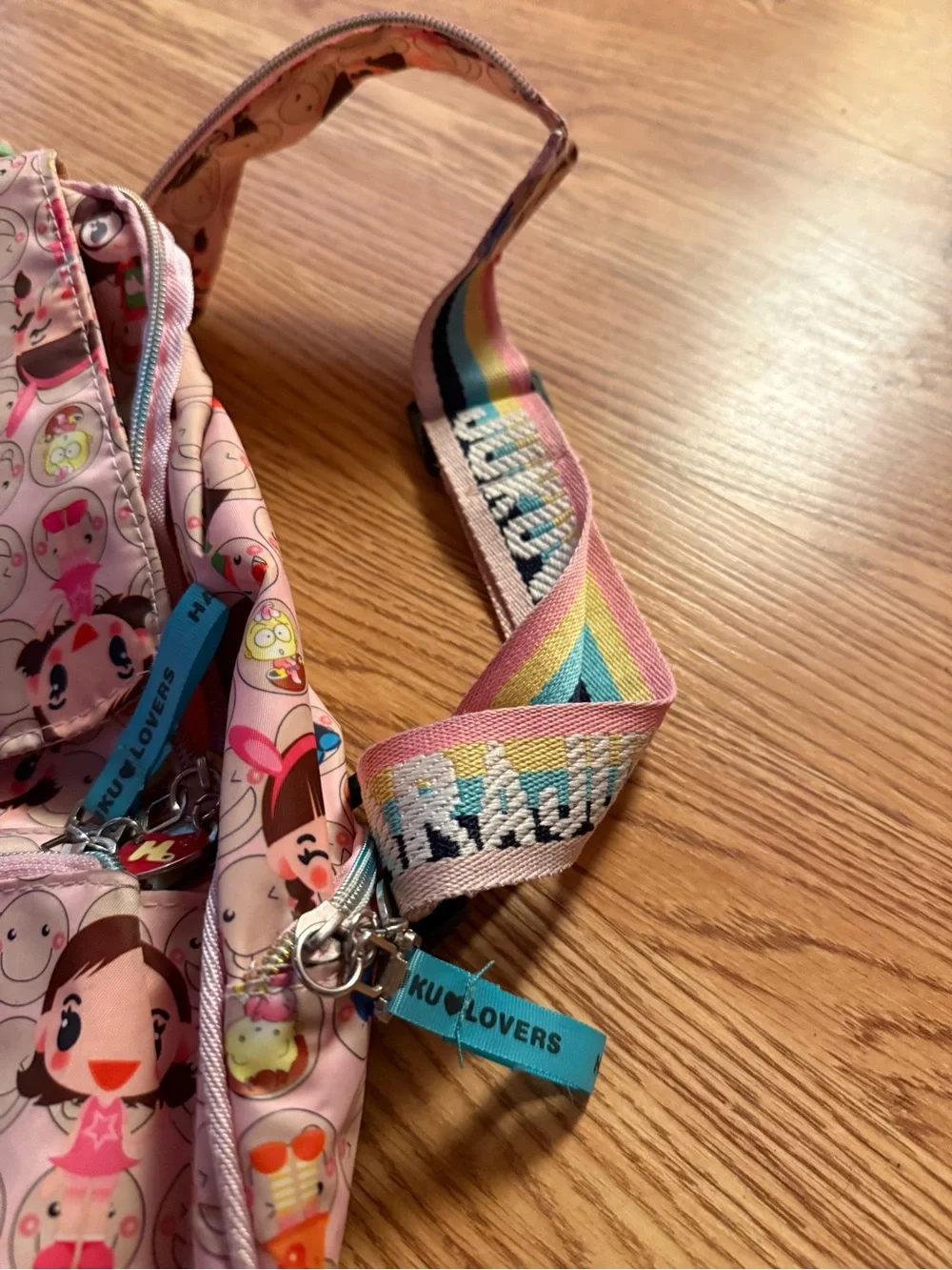 Harajuku Lovers Pink Character Print Mini Backpack with Rainbow Straps